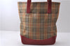 Authentic BURBERRY Nova Check Canvas Leather Shoulder Tote Bag Beige Red 1412D