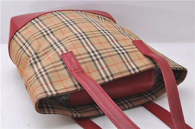Authentic BURBERRY Nova Check Canvas Leather Shoulder Tote Bag Beige Red 1412D