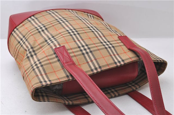 Authentic BURBERRY Nova Check Canvas Leather Shoulder Tote Bag Beige Red 1412D