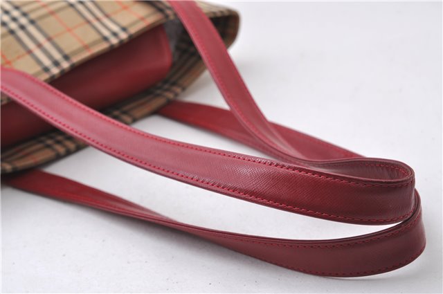 Authentic BURBERRY Nova Check Canvas Leather Shoulder Tote Bag Beige Red 1412D