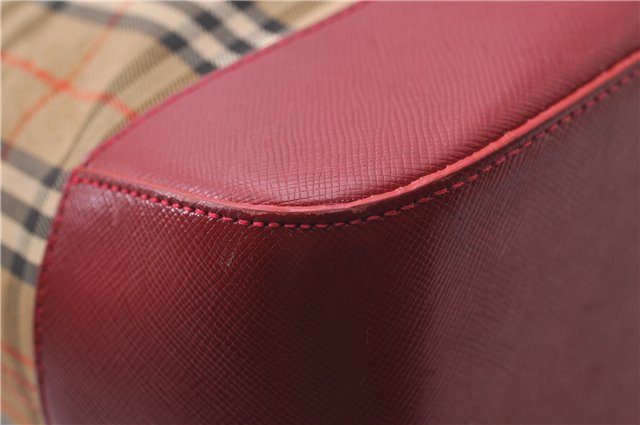 Authentic BURBERRY Nova Check Canvas Leather Shoulder Tote Bag Beige Red 1412D