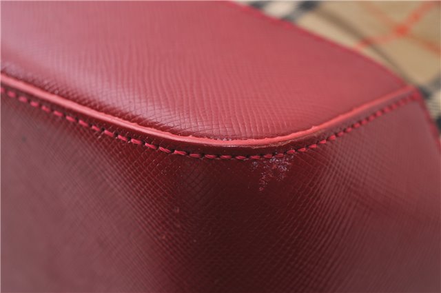 Authentic BURBERRY Nova Check Canvas Leather Shoulder Tote Bag Beige Red 1412D