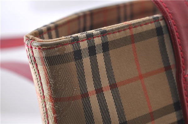 Authentic BURBERRY Nova Check Canvas Leather Shoulder Tote Bag Beige Red 1412D