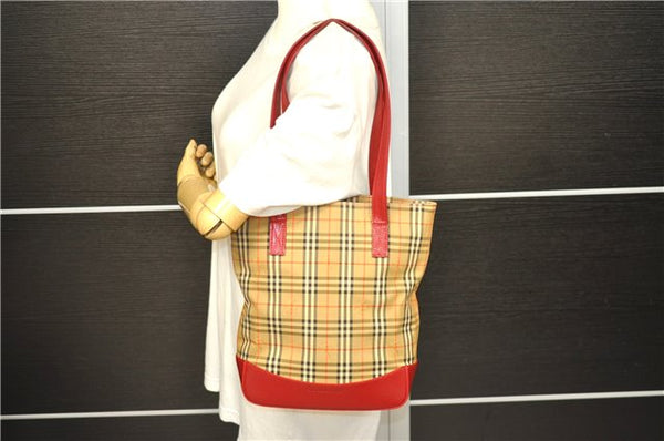 Authentic BURBERRY Nova Check Canvas Leather Shoulder Tote Bag Beige Red 1412D