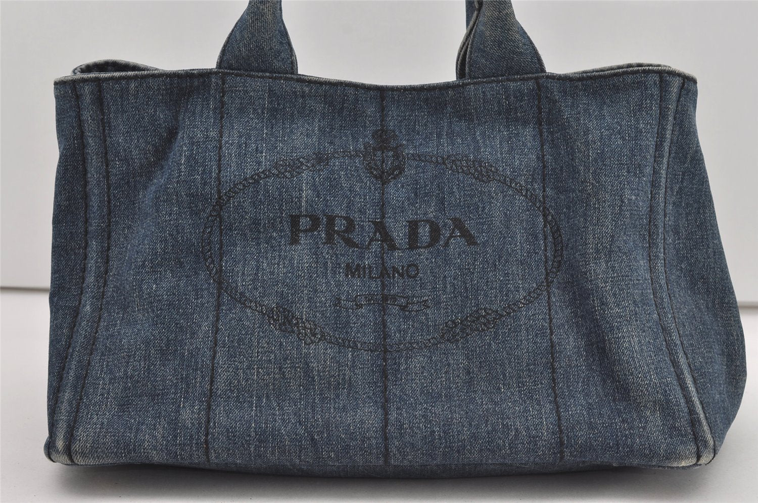 Authentic PRADA Vintage DENIM Canapa M 2Way Shoulder Hand Bag B2642B Blue 1412I