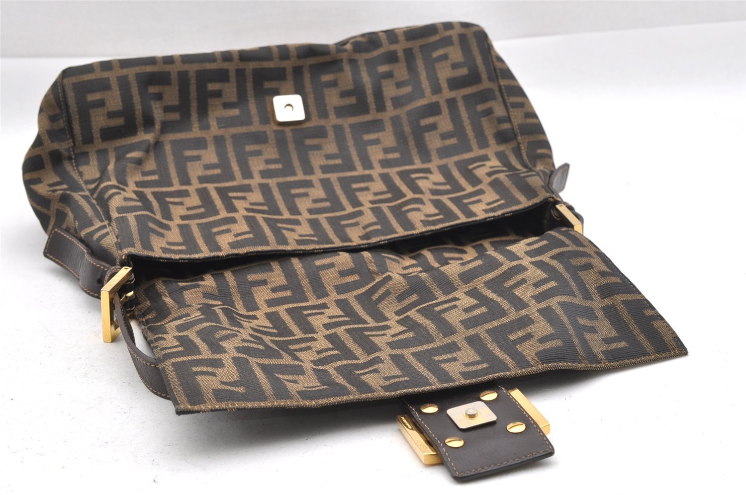 Authentic FENDI Zucca Mamma Baguette Shoulder Bag Canvas Leather Brown 1416I