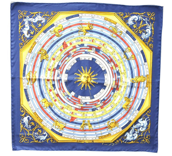 Auth HERMES Petit Carre 40 Scarf Handkerchief "DIES ET HORE" Silk Blue Box 1418D