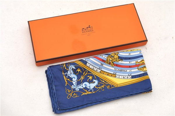 Auth HERMES Petit Carre 40 Scarf Handkerchief "DIES ET HORE" Silk Blue Box 1418D