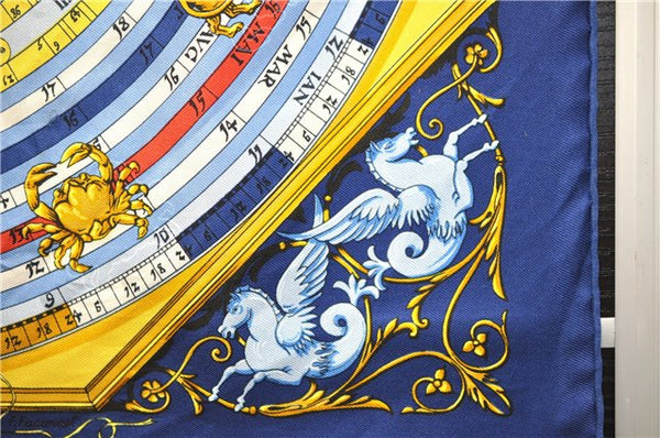 Auth HERMES Petit Carre 40 Scarf Handkerchief "DIES ET HORE" Silk Blue Box 1418D