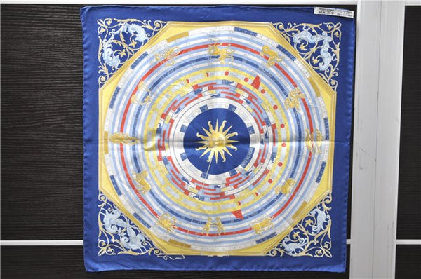 Auth HERMES Petit Carre 40 Scarf Handkerchief "DIES ET HORE" Silk Blue Box 1418D