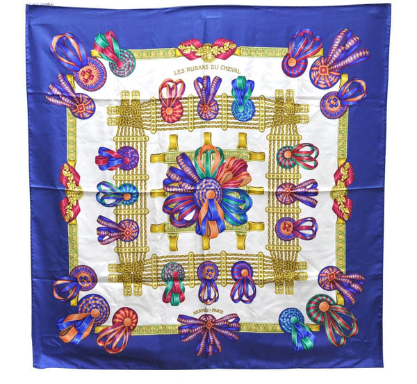 Authentic HERMES Carre 90 Scarf "LES RUBANS DU CHEVAL" Silk Navy 1419D