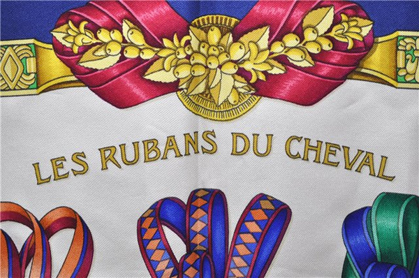 Authentic HERMES Carre 90 Scarf "LES RUBANS DU CHEVAL" Silk Navy 1419D