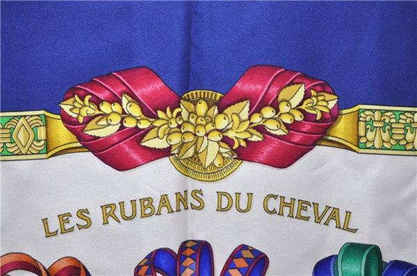 Authentic HERMES Carre 90 Scarf "LES RUBANS DU CHEVAL" Silk Navy 1419D