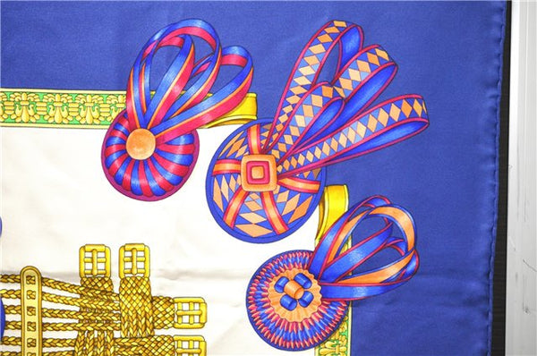 Authentic HERMES Carre 90 Scarf "LES RUBANS DU CHEVAL" Silk Navy 1419D