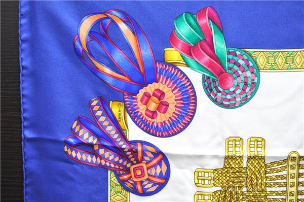 Authentic HERMES Carre 90 Scarf "LES RUBANS DU CHEVAL" Silk Navy 1419D