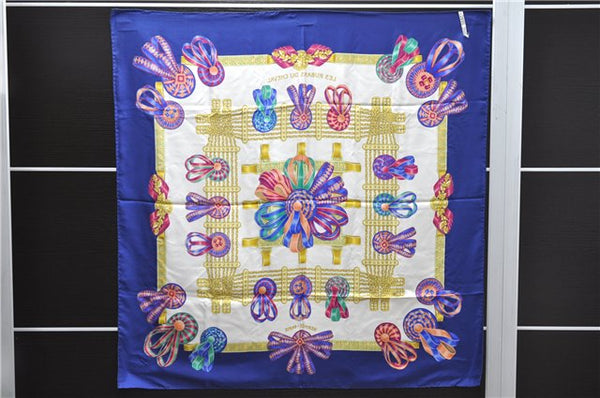 Authentic HERMES Carre 90 Scarf "LES RUBANS DU CHEVAL" Silk Navy 1419D