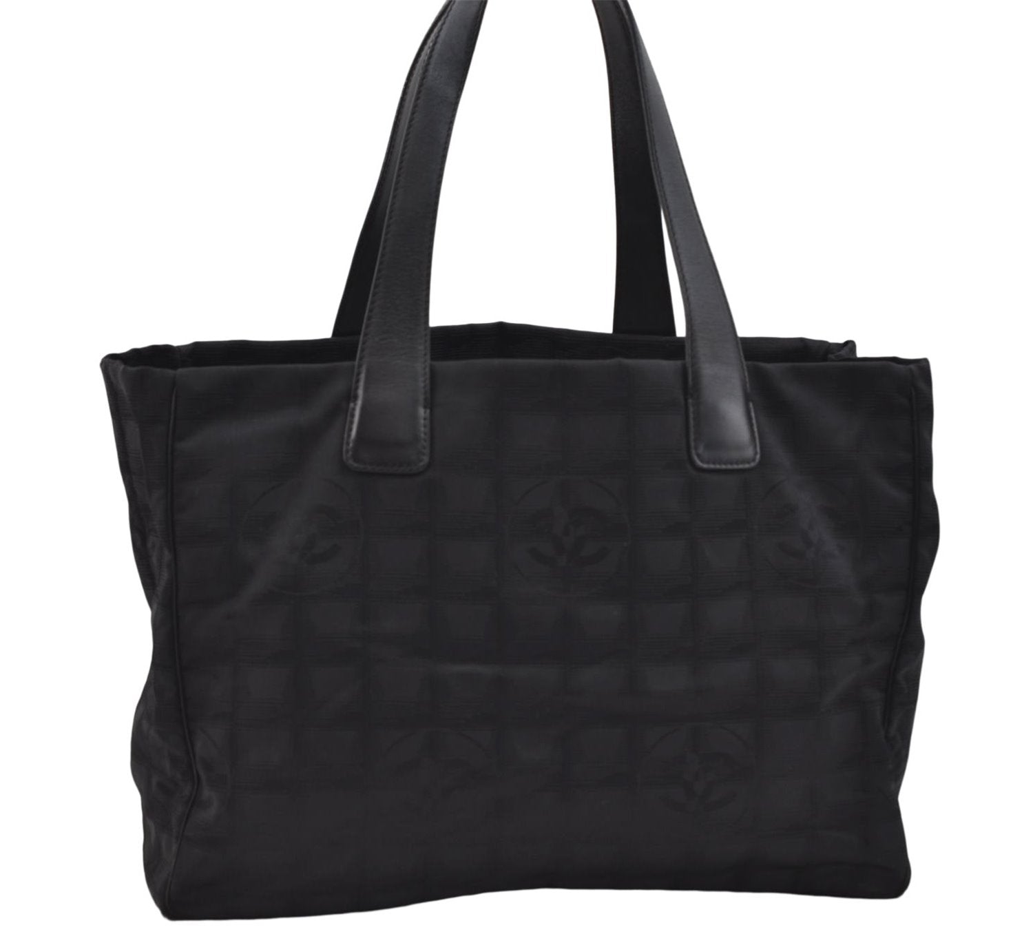 Authentic CHANEL New Travel Line Shoulder Tote Bag Nylon Leather Black 1419E