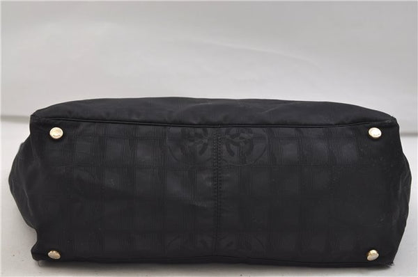 Authentic CHANEL New Travel Line Shoulder Tote Bag Nylon Leather Black 1419E