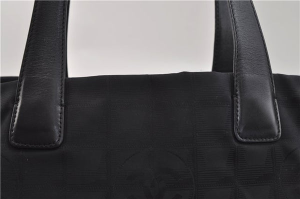 Authentic CHANEL New Travel Line Shoulder Tote Bag Nylon Leather Black 1419E