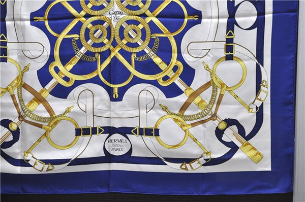 Authentic HERMES Carre 90 Scarf "Eperon d'or" Silk Blue 1420D