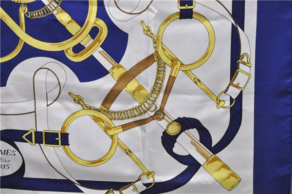 Authentic HERMES Carre 90 Scarf "Eperon d'or" Silk Blue 1420D