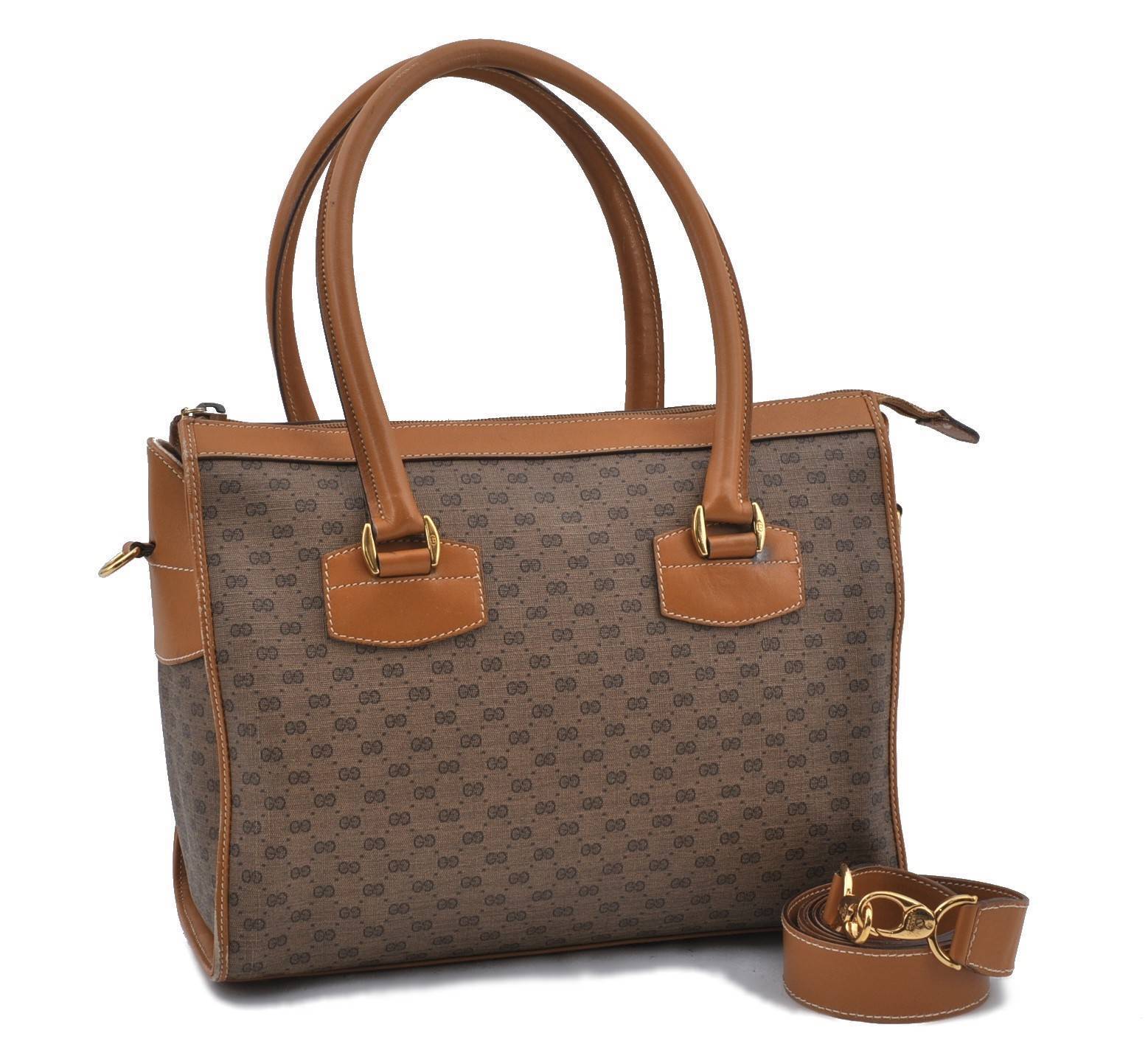 Authentic GUCCI Micro GG 2Way PVC Leather Shoulder Tote Bag Brown 1421C