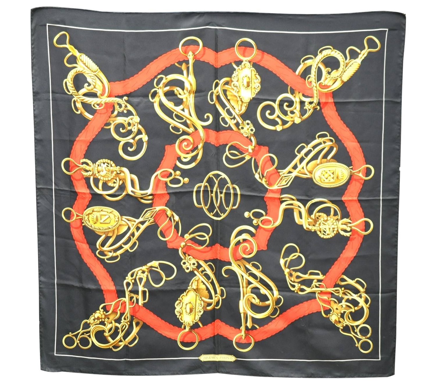 Authentic HERMES Carre 90 Scarf Buckle Motief Silk Black 1421D