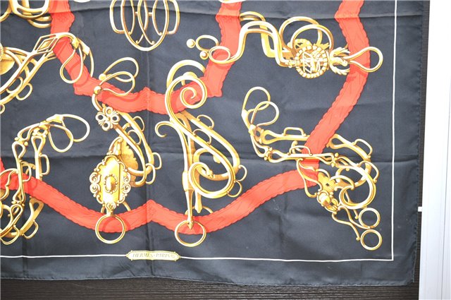 Authentic HERMES Carre 90 Scarf Buckle Motief Silk Black 1421D