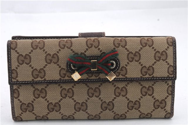 Authentic GUCCI Princy Ribbon GG Canvas Leather Long Wallet 167464 Brown 1432D