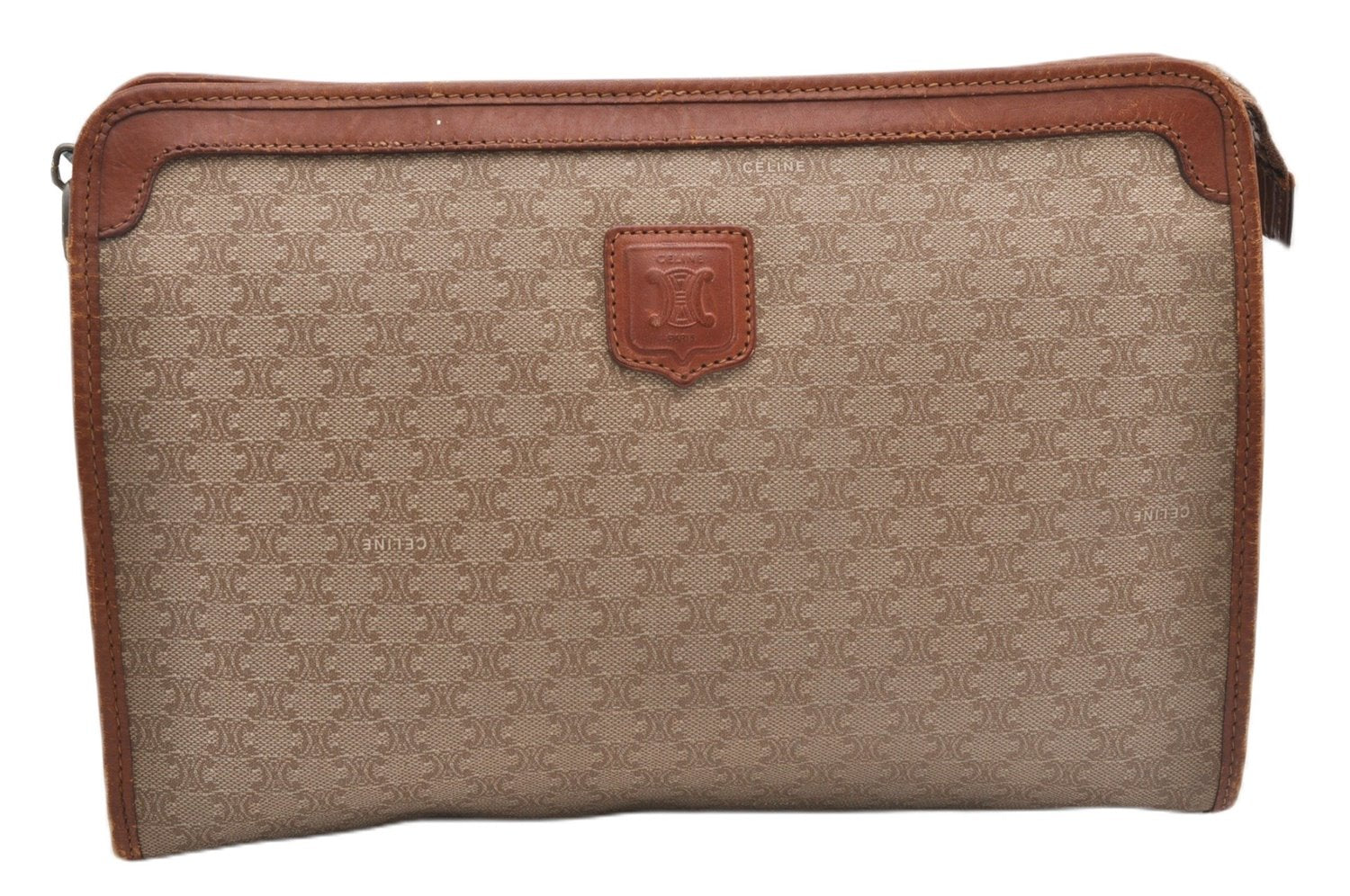 Authentic CELINE Macadam Blason Pattern Clutch Hand Bag PVC Leather Beige 1448G