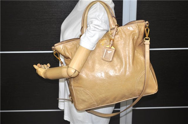 Authentic PRADA 2Way Shoulder Tote Hand Bag Leather Beige 1456D