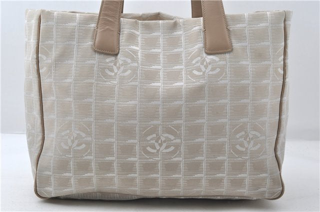 Authentic CHANEL New Travel Line Shoulder Tote Bag Nylon Leather Beige 1461E