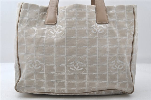 Authentic CHANEL New Travel Line Shoulder Tote Bag Nylon Leather Beige 1461E