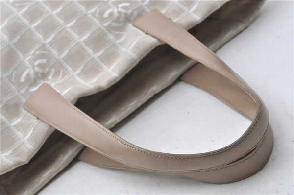 Authentic CHANEL New Travel Line Shoulder Tote Bag Nylon Leather Beige 1461E