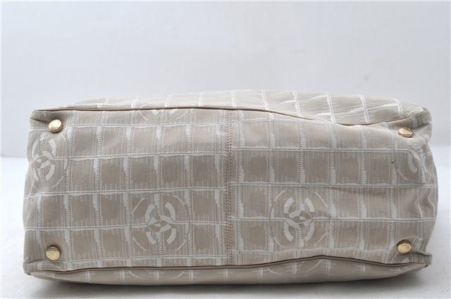 Authentic CHANEL New Travel Line Shoulder Tote Bag Nylon Leather Beige 1461E