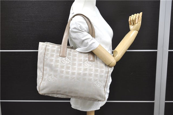 Authentic CHANEL New Travel Line Shoulder Tote Bag Nylon Leather Beige 1461E