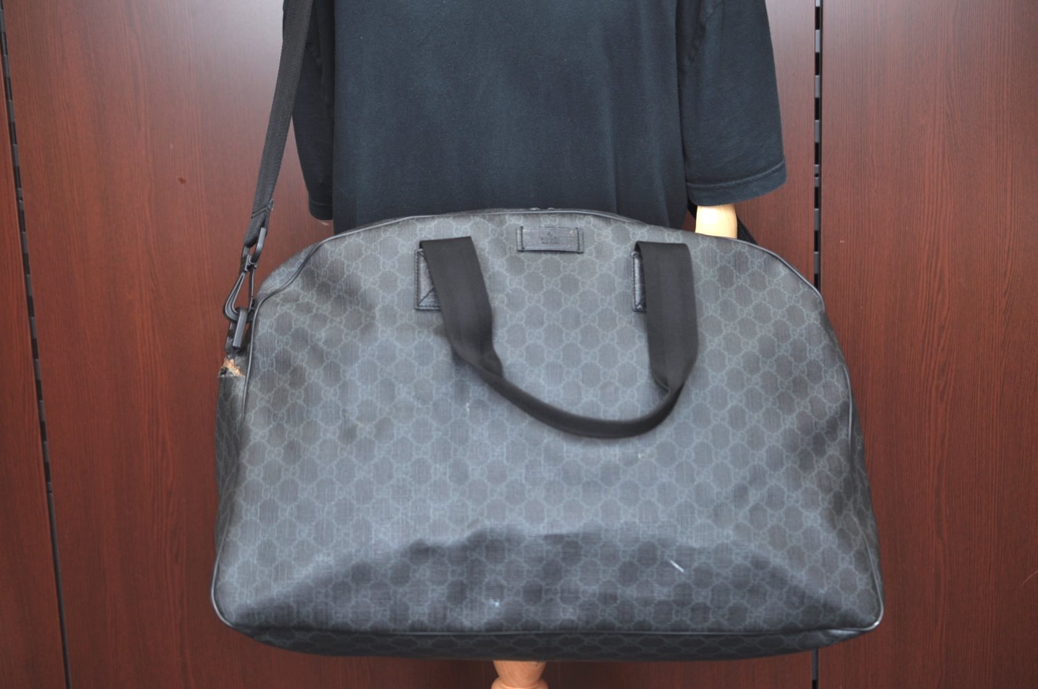 Authentic GUCCI Vintage 2Way Travel Boston Bag GG PVC Leather 162800 Black 1462F