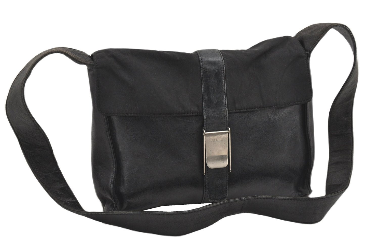 Authentic PRADA Leather Nappa Nylon Shoulder Cross Body Bag Purse Black 1464G