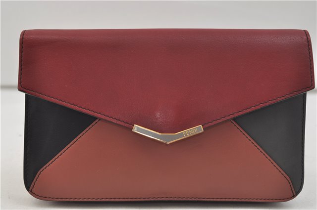 Authentic FENDI 2JOURS Leather Clutch Hand Bag Purse Bordeaux Red 1465E