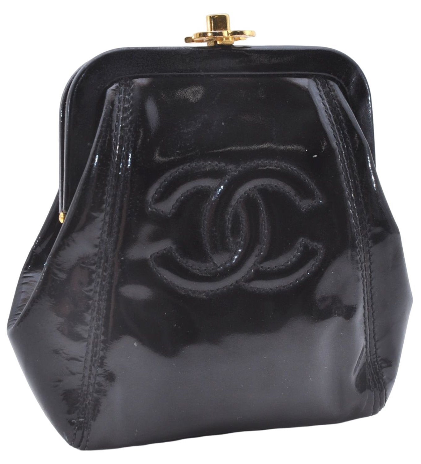 Authentic CHANEL Enamel Turnlock Cosmetic Pouch Purse Black CC 1467E