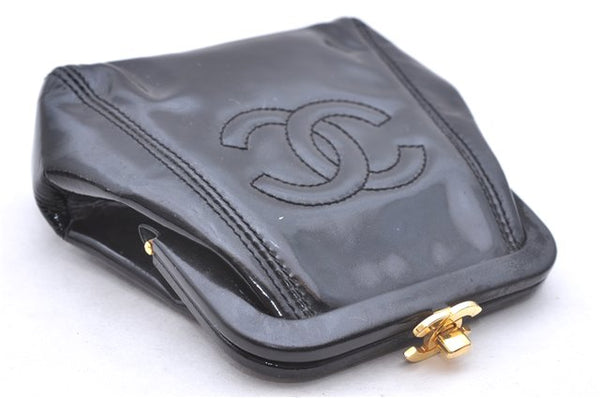 Authentic CHANEL Enamel Turnlock Cosmetic Pouch Purse Black CC 1467E