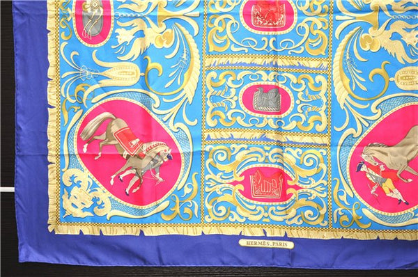 Authentic HERMES Carre 90 Scarf "LA PRESENTATION" Silk Blue 1470E