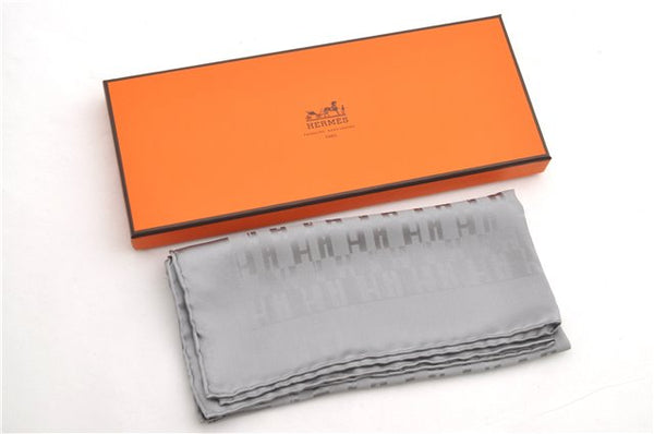 Authentic HERMES Petit Carre 40 Scarf Handkerchief "Grand H" Silk Gray Box 1472E