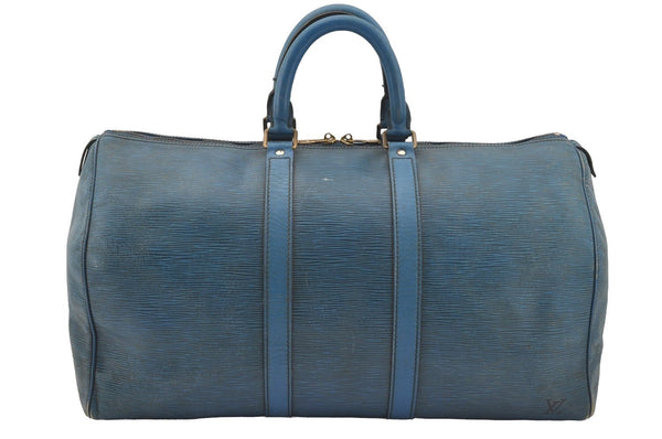 Authentic Louis Vuitton Epi Keepall 45 Boston Travel Bag Blue M42975 LV 1476I