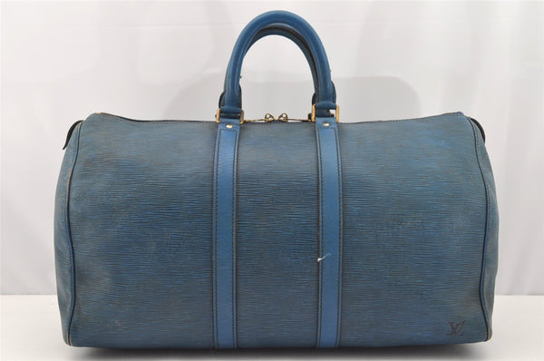 Authentic Louis Vuitton Epi Keepall 45 Boston Travel Bag Blue M42975 LV 1476I