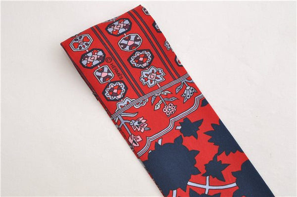 Authentic HERMES Twilly Scarf "TAPIS PERSANS" Silk Red Navy 1480E