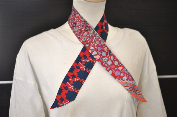 Authentic HERMES Twilly Scarf "TAPIS PERSANS" Silk Red Navy 1480E