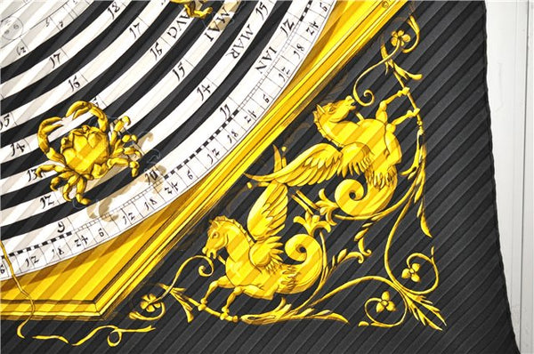 Authentic HERMES Pleats Scarf "DIES ET HORE" Silk Black Box 1485E