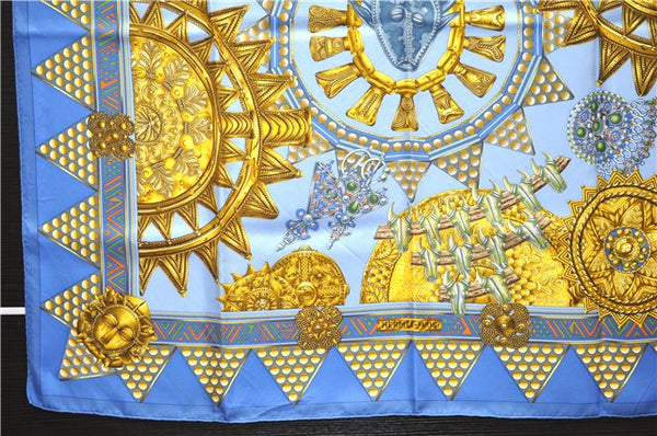 Authentic HERMES Carre 90 Scarf "L'OR DES CHEFS" Silk Blue Box 1486E