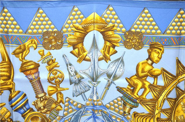 Authentic HERMES Carre 90 Scarf "L'OR DES CHEFS" Silk Blue Box 1486E